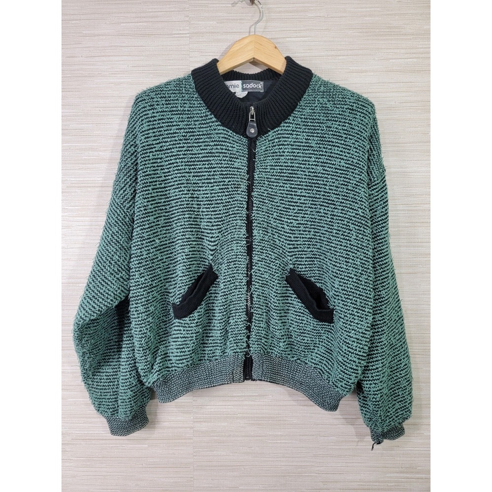 Jamie Sadock Women's Zip Front Knit Sweater Jacket Green Black Size M